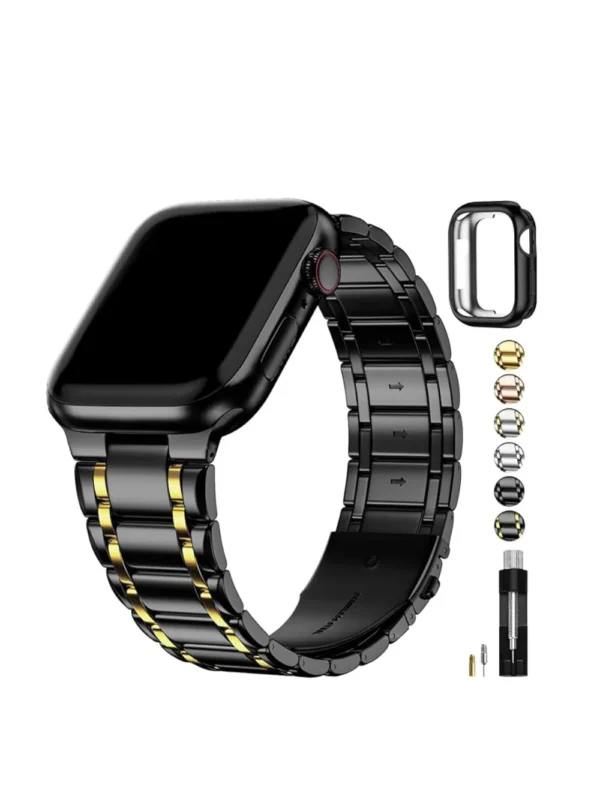 Fullmosa Metal Bands With Case Compatible Apple Watch Strap 41mm 40mm 38mm, Steel Apple Watch Band for iWatch Series 9 8 7 6 5 4 3 2 1 SE2 SE,41mm 40mm 38mm,Black and Gold [Watch NOT Included]